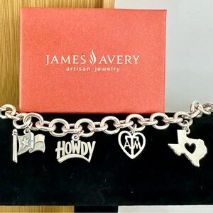 JAMES AVERY Sterling Silver Heart Texas Classic Cable Charm Bracelet; 3 RETIRED